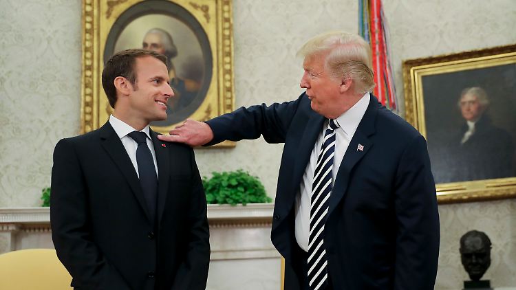 Der Moment im Foto festgehalten: Trump entfernt eine angebliche Haarschuppe von Macrons Schulter.