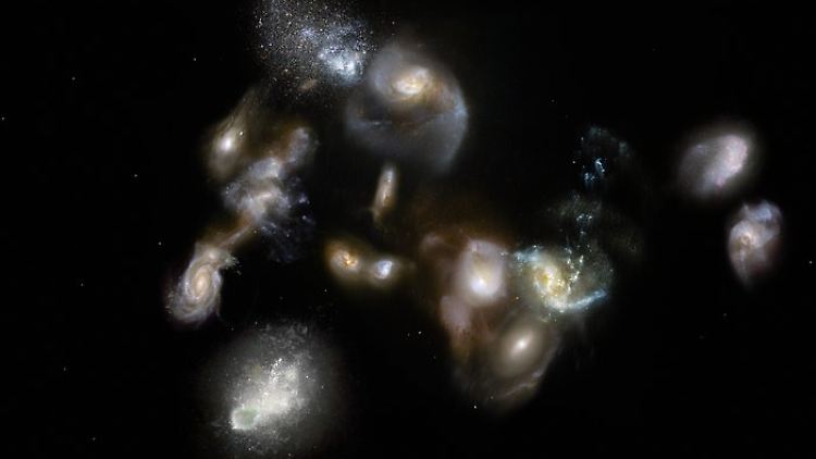 Die Verschmelzung der Galaxien in einer künstlerischen Darstellung.