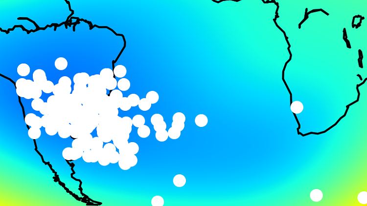 Gehäuftes Auftreten strahlungsbedingter technischer Störungen der Swarm-Satelliten (weiße Punkte) im Bereich der erdmagnetischen Südatlantischen Anomalie (blauer Bereich = geringe Feldstärke) von April 2014 bis Juni 2017.