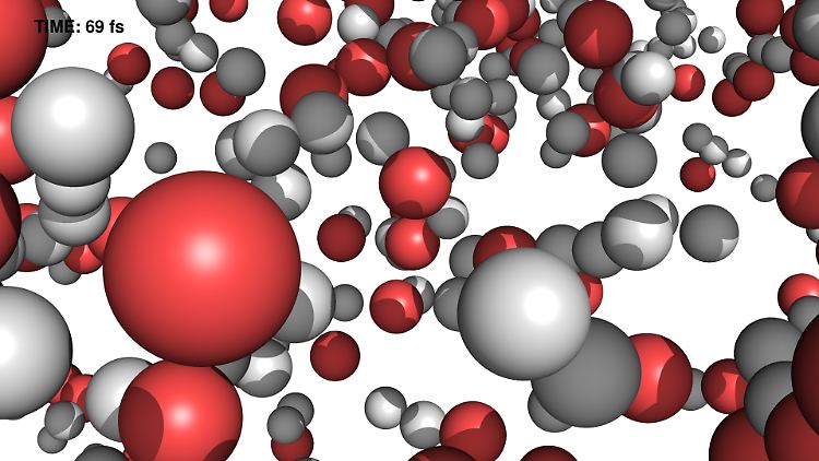 Das Modell zeigt, wie sich die Wassermoleküle in Wasserstoff (weiß) und Sauerstoff (rot) trennen.