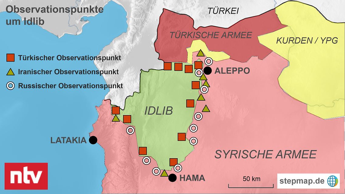 Die Karte zeigt die ungefähre Lage der türkischen, iranischen und russischen Observationspunkte rund um die Deeskalationszone in Idlib. Quelle: syria.liveuamap.com / Russisches Verteidigungsministerium.