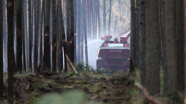 Ein Löschpanzer bekämpft einen Waldbrand in Groß Laasch bei Ludwigslust in Mecklenburg-Vorpommern.