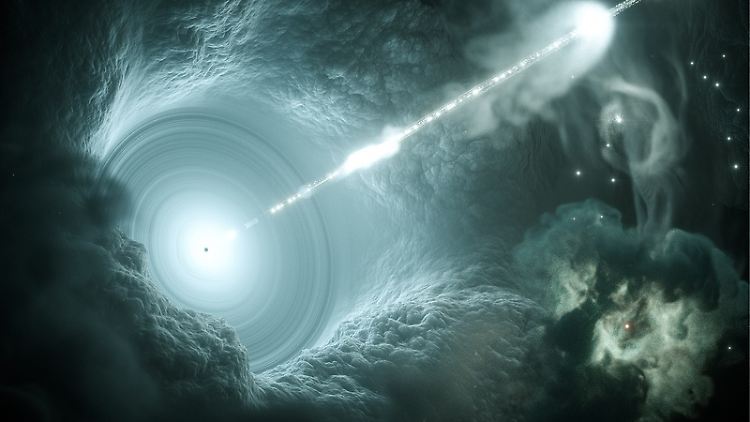 Computergrafik des aktiven Galaxienkerns. Das supermassive Schwarze Loch im Zentrum der Akkretionsscheibe schickt einen energiereichen, scharf gebündelten Teilchenstrahl senkrecht ins All. 