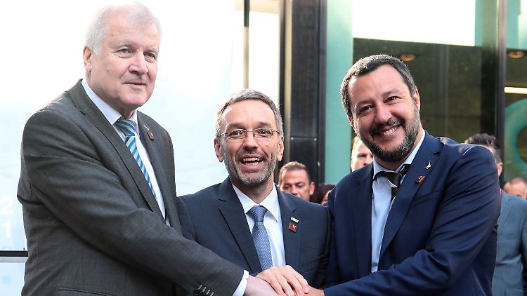 Innenminister Horst Seehofer (r.) inszenierte sich mit seinen Kollegen aus Österreich und Italien, Herbert Kickl (M.) und Matteo Salvini.