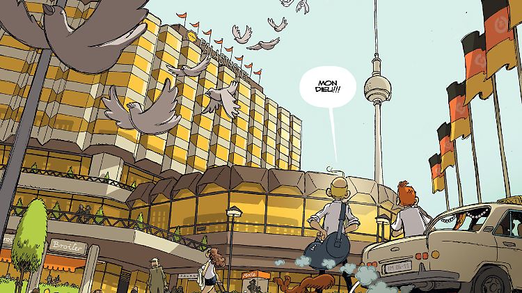 Spirou und Fantasio erreichen das Palasthotel in Ost-Berlin, das inzwischen abgerissen wurde.