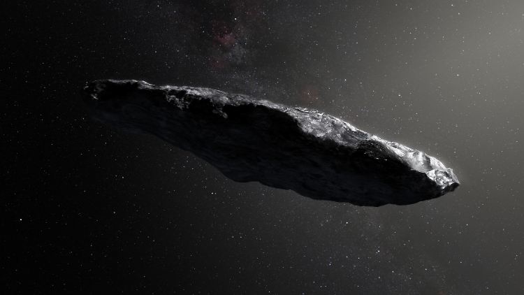 Computergrafik des Asteroiden 1I/2017 U1 "Oumuamua" mit seiner ungewöhnlichen Form.