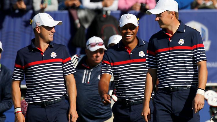 Justin Thomas, Tiger Woods und Jordan Spieth (v.l.) wollen endlich einmal wieder für das Team USA auf europäischem Grün gewinnen.