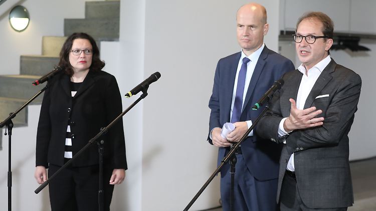 Die Fraktionsvorsitzenden Andrea Nahles (SPD) und Ralph Brinkhaus (CDU) sowie CSU-Landesgruppenchef Alexander Dobrindt.