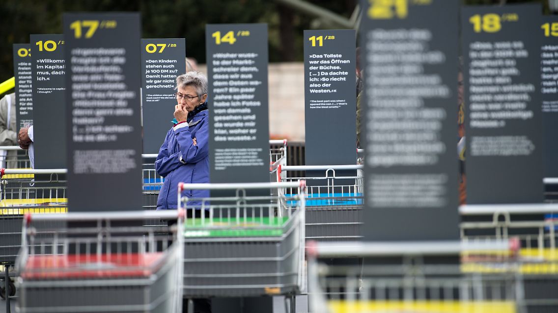 Auf Tafeln vor Einkaufswagen sind Zitate verewigt, die umschreiben, was die Bürger der ehemaligen DDR von ihrem Begrüßungsgeld gekauft haben.