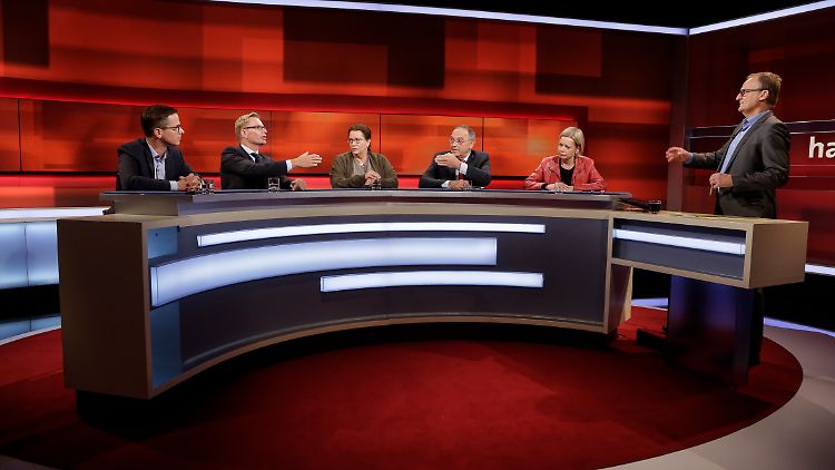 Plasbergs Gäste, von links nach rechts: Carsten Linnemann, Reiner Holznagel, Reina Becker, Norbert Walter-Borjans und Gesine Lötzsch