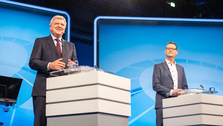 Bouffier (l.) und Schäfer-Gümbel treten im TV-Duell gegeneinander an.