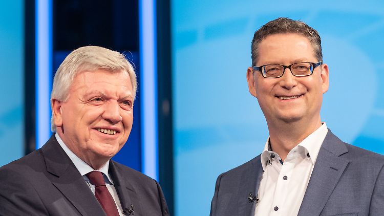 Volker Bouffier und Thorsten Schäfer-Gümbel vor der Aufzeichnung des TV-Duells.