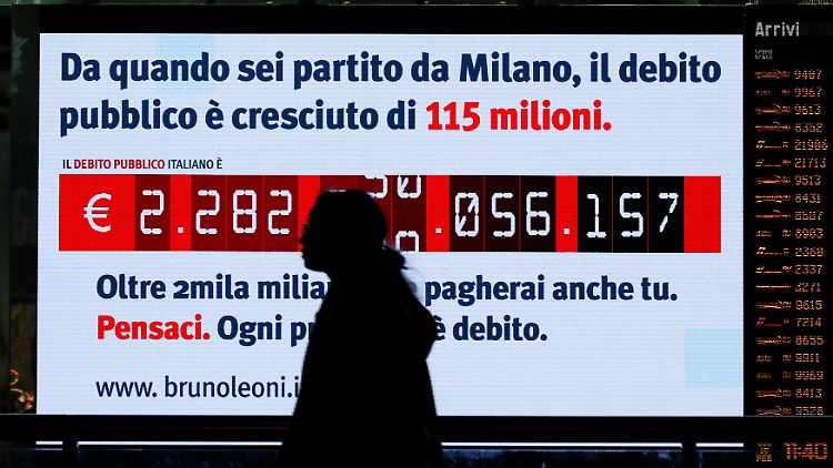 Eine Momentaufnahme der fortlaufenden Schulden-Uhr im italienischen Mailand.