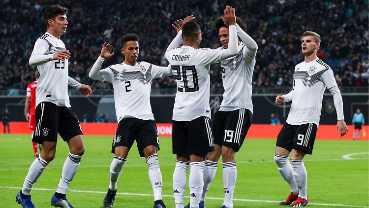 Läuft: Kai Havertz, Thilo Kehrer, Serge Gnabry, Leroy Sané und Timo Werner zelebrieren den DFB-Sieg gegen Russland.