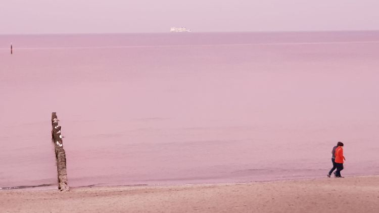 Die späte Nachmittagssonne taucht den Strand in Kühlungsborn in ein romantisches und intensives Rosa.