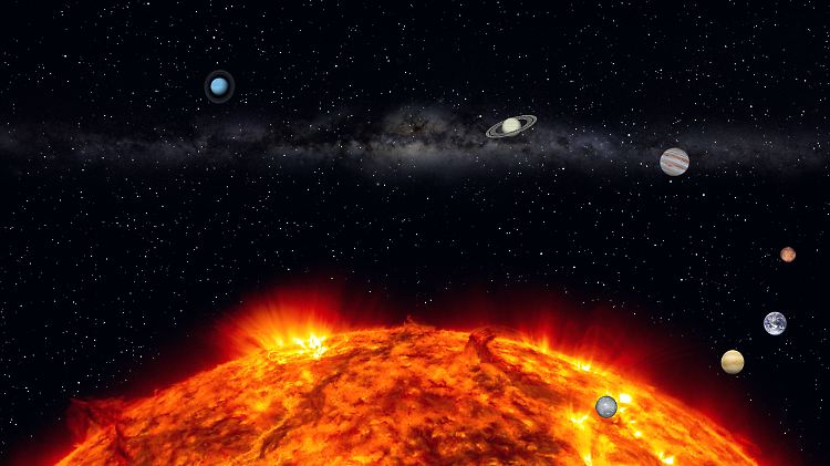 Unser Sonnensystem mit der Milchstraße im Hintergrund.