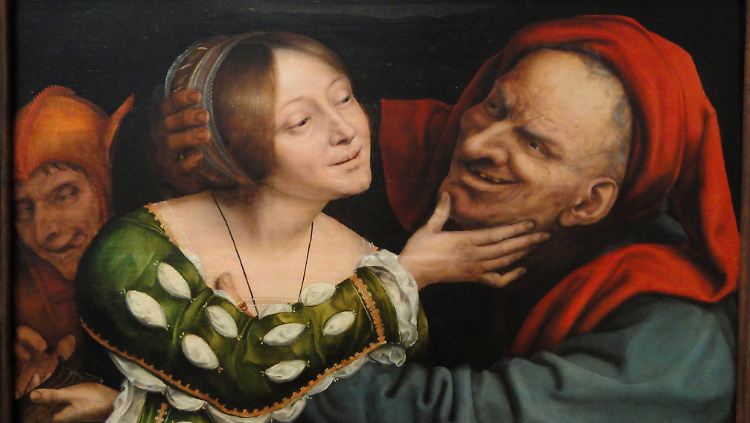 Schon der flämische Renaissancemaler Quentin Massys thematisierte ungleiche Liebespaare in Fall mit einem hübschen Twist am linken unteren Rand des Bildes.
