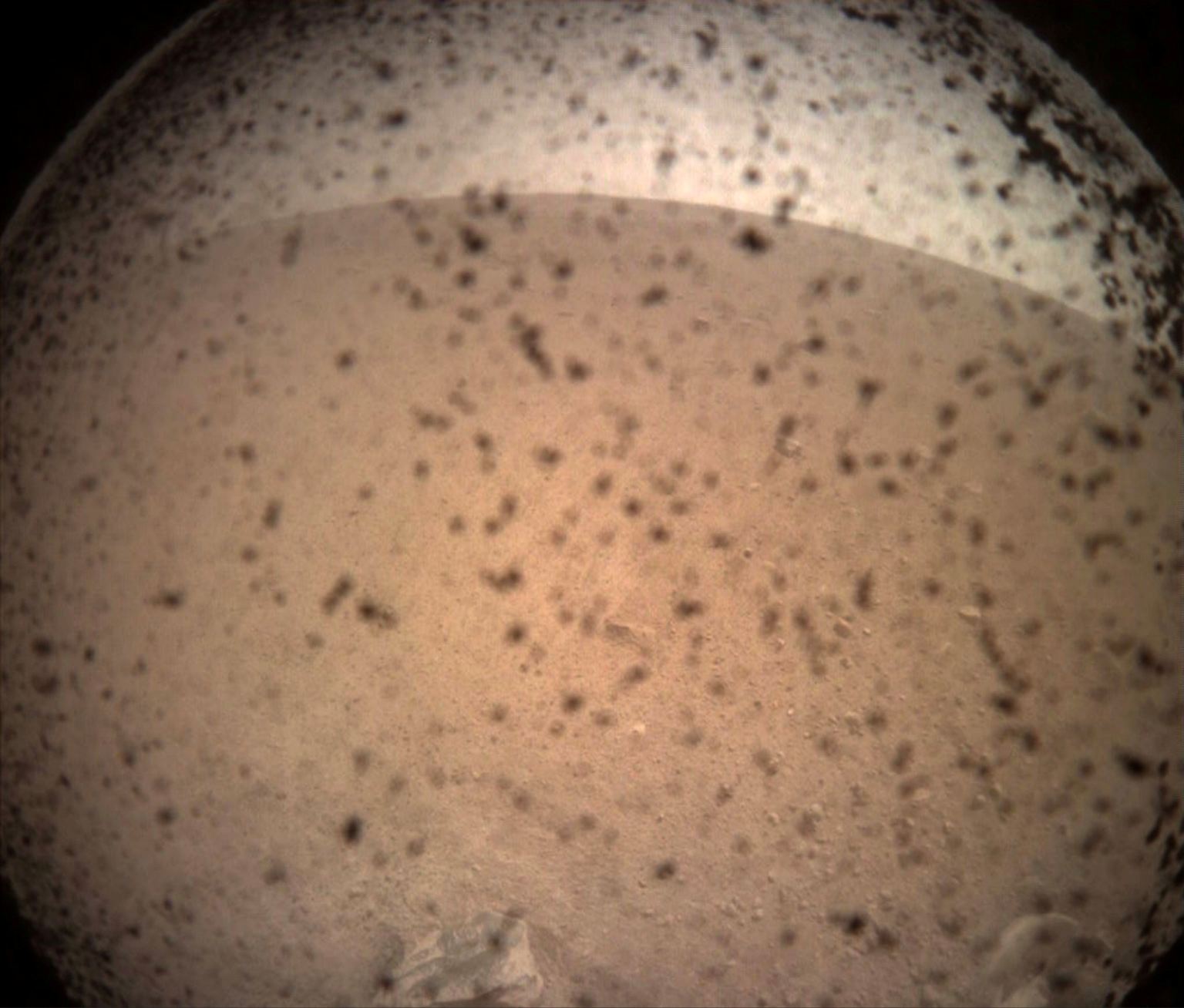 Dieses Foto könnte wohl überall entstanden sein - etwa auf einem kahlen Acker in der Uckermark. Doch es ist der erste Schnappschuss der Nasa-Sonde "InSight" nach ihrer Landung auf dem Mars. Aufgenommen von einer ihrer beiden Kameras am 26. November 2018. Nur wenig später ...