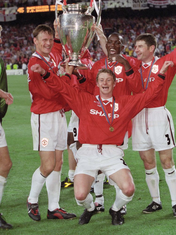 26. Mai 1999: Ole Gunnar Solskjaer feiert mit Manchester United im Camp Nou zu Barcelona den Gewinn der Champions League.