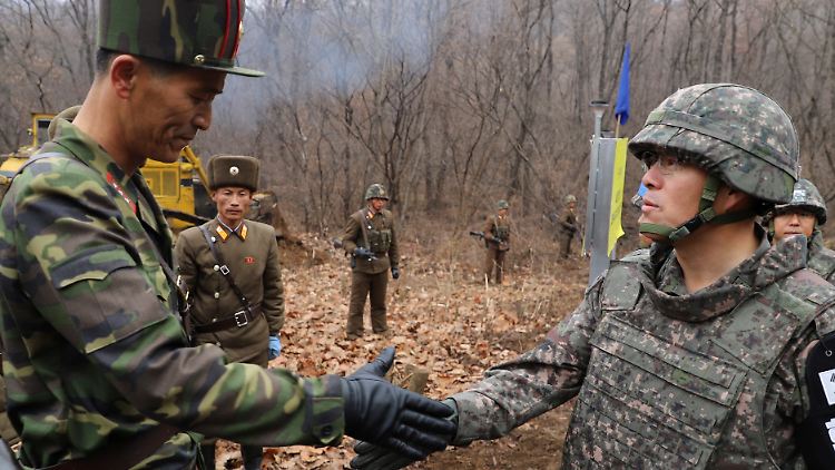 Handschlag zwischen Nord- und Südkorea: Zwei Soldaten planen die Wiederherstellung einer Straße in der demilitarisierten Zone.