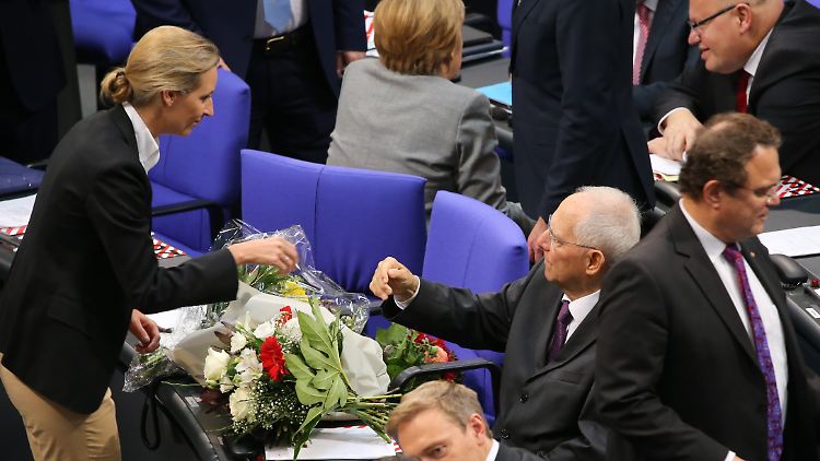 Korrekte Form: AfD-Co-Fraktionschefin Weidel gratuliert Schäuble in der konstituierenden Sitzung des Bundestags zu dessen Wahl zum Präsidenten.