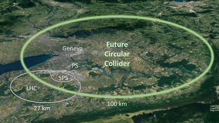 Elipsen, die auf einer Google-Earth-Karte eingezeichnet wurden, zeigen die Ausmaße des bestehenden Teilchenbeschleunigers mit einen 27 Kilometer langen Tunnel (l.). Die neue, von den Physikern der Cern vorgeschlagene Anlage (grün) sieht einen 100 Kilometer langen ringförmigen Tunnel teils unter dem Genfer See vor.