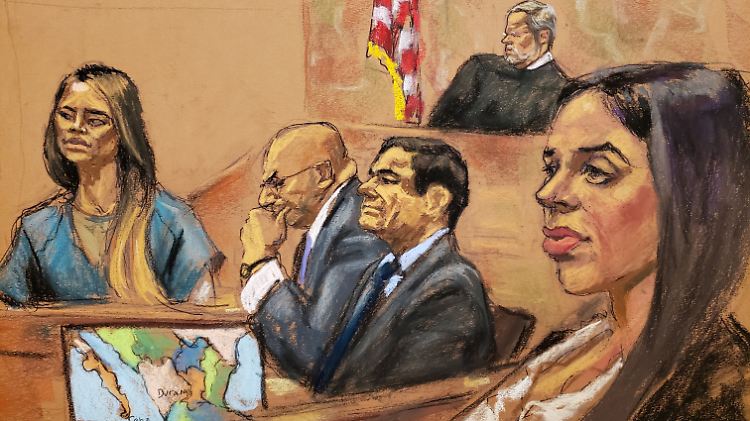 Die Mexikanerin Sánchez López (r.) hat den Drogenboss "El Chapo" (2.v.r.) vor Gericht belastet (Skizze des Gerichtszeichners).
