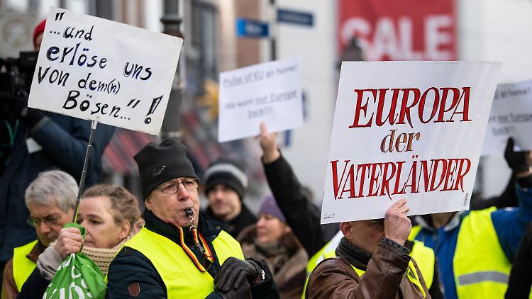 "Europa der Vaterländer", steht auf einem der Plakate von Demonstranten vor dem Rathaus.