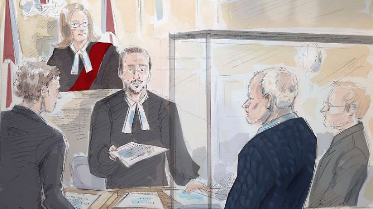 Bruce McArthur (2.v.r.) während der Gerichtsanhörung. (Skizze).