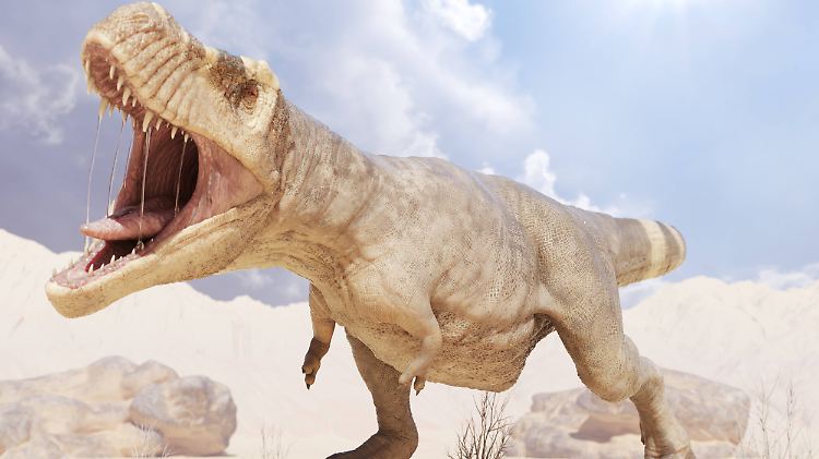 Illustration eines T. rex in der Wüste.