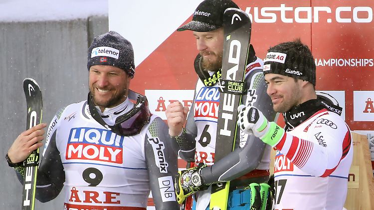 Läuft für sie: Abfahrtsweltmeister Kjetil Jansrud (mitte) und sein norwegischer Landsmann Aksel Lund Svindal. Rechts der Drittplatzierte Vincent Kriechmayr.