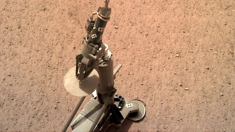 Senkrecht auf flachem Grund steht er bereit: Am 12. Februar um 19.18 Uhr MEZ wurde der Marsmaulwurf HP3 des Deutschen Zentrums für Luft- und Raumfahrt mit dem robotischen Arm des Nasa-Landers "InSight" ausgesetzt. 