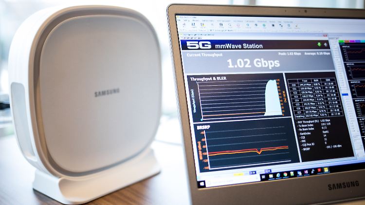 Eine Antennenempfangseinheit mit 5G Modem steht neben einem Laptop.