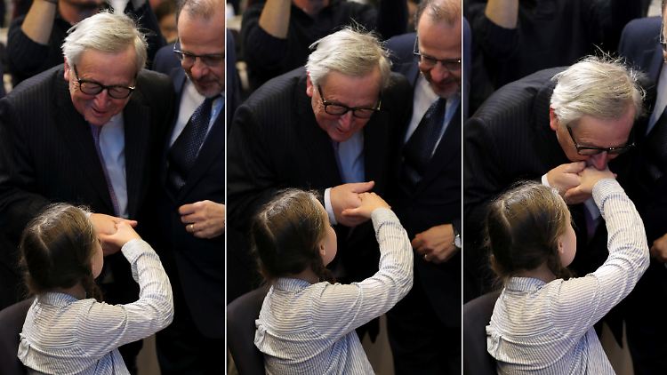 Jean-Claude Juncker begrüßt Greta Thunberg in Brüssel.