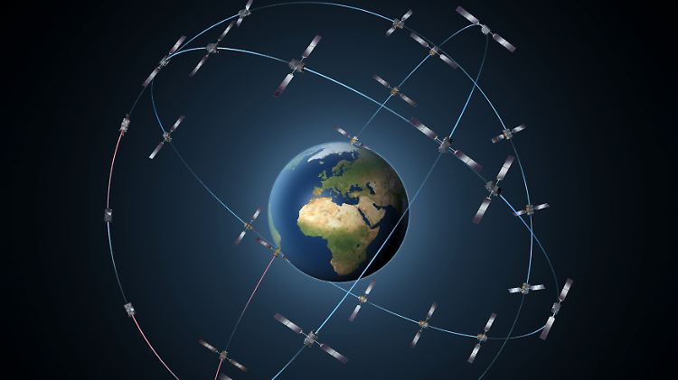 Die Illustration der europäischen Raumfahrtbehörde ESA zeigt die gesamte, aus 30 Satelliten bestehende, Galileo-Konstellation auf drei Orbitalebenen in mittlerer Erdumlaufbahn.