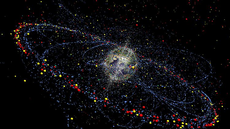 Ein ESA-Simulationsmodell, das die Verteilung und Bewegung des Weltraummülls heute und in Zukunft darstellt, zeigt das Risiko, das von Weltraumschrott ausgeht.