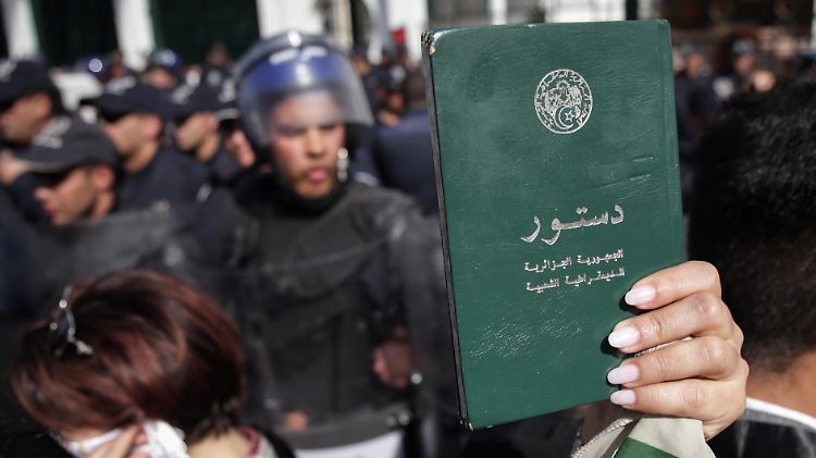 Ein Demonstrant hält der Polizei eine Ausgabe der algerischen Verfassung entgegen. Bei schwerer Krankheit des Präsidenten sieht sie die Absetzung des Präsidenten vor.