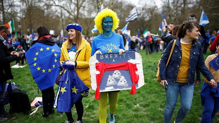 Viele Demonstranten haben eine EU-Fahne dabei. Ein Demonstrant hat sich lieber in EU-Farben angemalt.