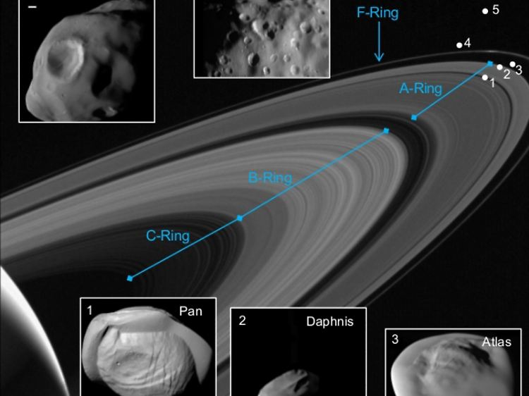 Die Monde Pan, Daphnis, Atlas, Pandora und Epimetheus finden sich im äußeren Bereich des von der Erde gut sichtbaren A-Rings und in der Nähe des F-Rings. Mit ihrer wulstförmigen Verdickung im Bereich des Äquators erinnern Pan, Daphnis und Atlas an Ravioli. Der Maßstab in jedem Bild entspricht 5 Kilometern.