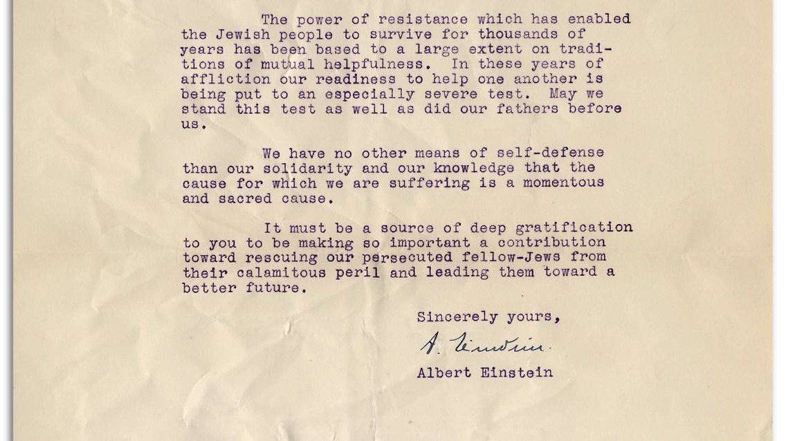 Die Tradition gegenseitiger Hilfe habe dem jüdischen Volk die Widerstandskraft gegeben, Jahrtausende zu überleben, schreibt Einstein in dem Brief.