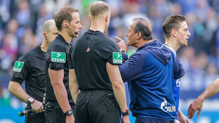 Huub Stevens verliert die Nerven und greift Schiedsrichter Sascha Stegemann an.