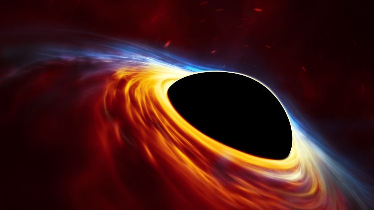Computergrafik eines massereichen Schwarzen Lochs, umgeben von einer Scheibe aus leuchtendem Gas.