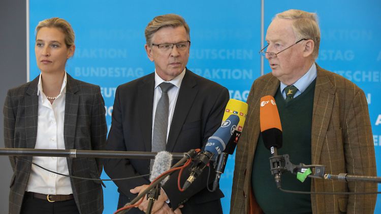 Dritter Kandidat, siebter gescheiterter Wahlgang: Die Fraktionschefs Alice Weidel und Alexander Gauland mit dem durchgefallenen Gerold Otten.