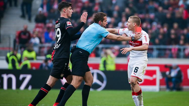 Schiedsrichter Tobias Stieler hatte viel Arbeit mit Santiago Ascacibar (r.): Erst verwies er den Argentinier mit Rot des Feldes, danach musste er auch noch Kai Havertz vor dem aufgebrachten Ascacibar schützen.