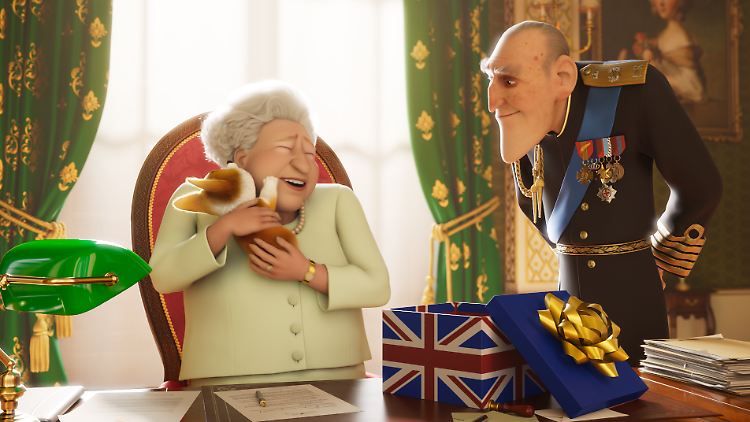 Standesgemäß in einem Union-Jack-Karton schenkt Prinz Philip seiner Frau einen neuen Corgi.