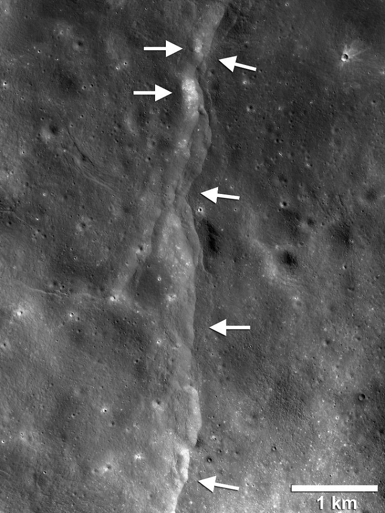 Eine sogenannte Überschiebung auf dem Mond, von der Nasa-Sonde LRO entdeckt. Diese tektonischen Störungen ähneln kleinen, treppenförmigen Klippen. Sie entstehen, wenn ein Abschnitt der Mondkruste (Pfeile nach links) über einen angrenzenden Abschnitt (Pfeile nach rechts) geschoben wird.