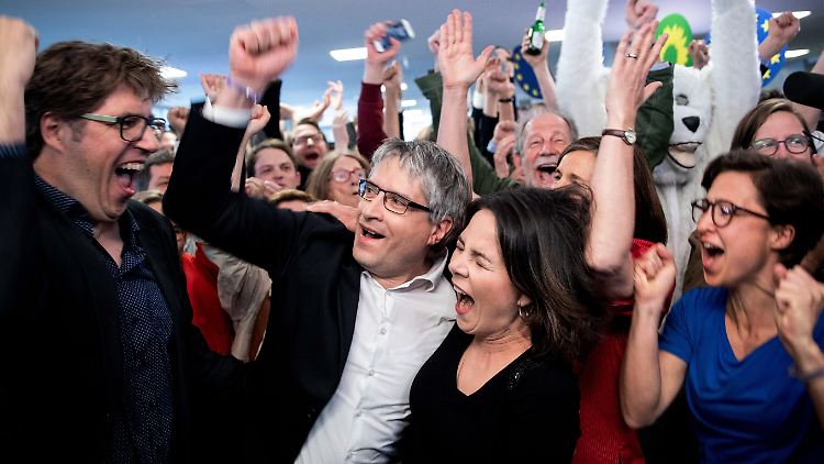 Die Grünen-Vorsitzende Annalena Baerbock (M.) und Sven Giegold, Abgeordneter der Grünen im Europaparlament, im Jubelrausch.