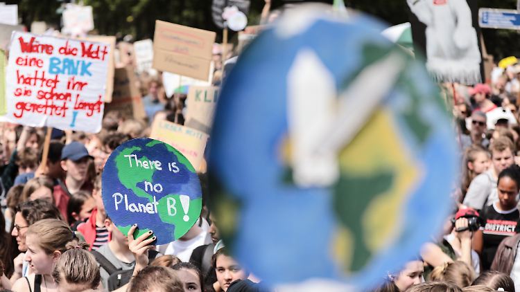 Schülerinnen und Schüler demonstrieren mit Protestplakaten während des Fridays for Future - Klimastreiks.