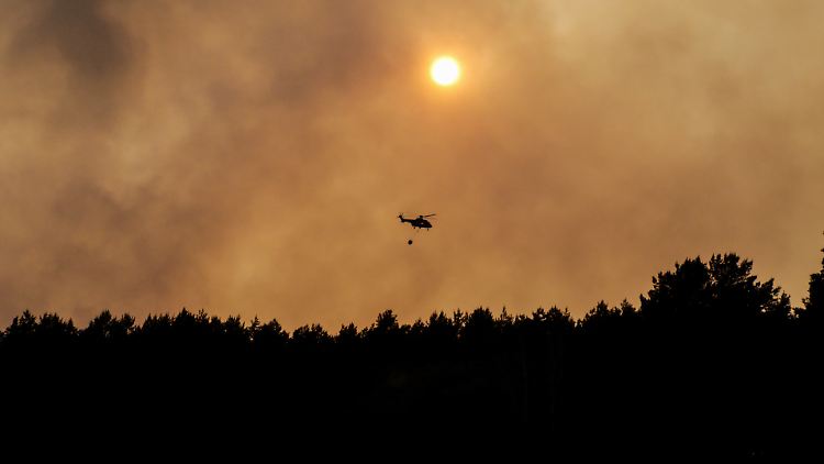 Ein Helikopter beim Löschflug in Brandenburg.