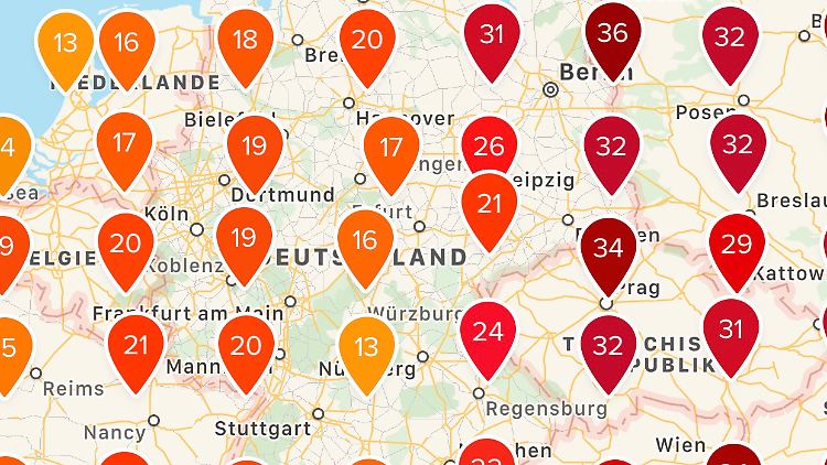 Man sieht sofort: Wenn man eine Abkühlung braucht, sollte man aktuell Richtung Westen fahren.